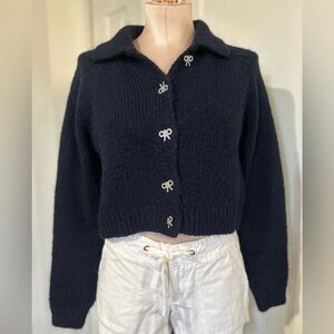 Zara Button Down Cardigan Collared Sweater Navy Blue size S